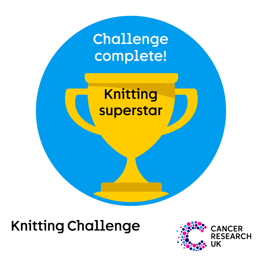 A challenge badge showing a gold trophy and text that reads "knitting superstar".
