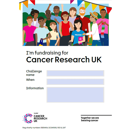 Fundraising poster with space to add challenge details, featuring an illustration of a group of people fundraising.