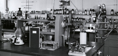 A black and white image of an old laboratory