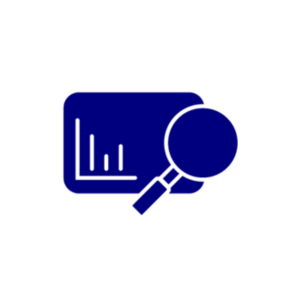 navy icon of magnifying glass over a bar chart