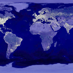 A projection of a satellite image of part of Earth taken at night-time, showing the city lights