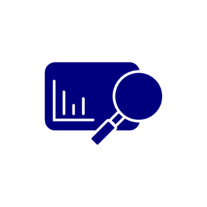 navy icon of magnifier glass over a chart graph