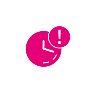 Icon showing a pink clock with an exclamation mark showing a time delay