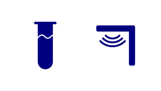 Navy icon of a test tube and radiotherapy machine Navy icon of a test tube and radiotherapy machine