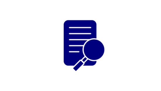 navy icon of magnifying glass over a document