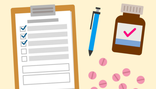 Illustration of a clipboard and medical drugs