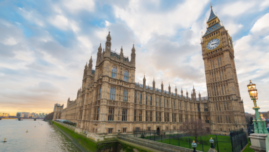 Low angle view of Big Ben and the Houses of Parliament.