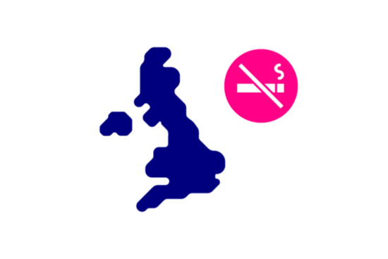 Navy icon of UK with magenta no smoking icon next to it