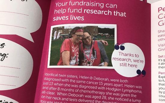 Twins Helen and Deborah in Race for Life t-shirts