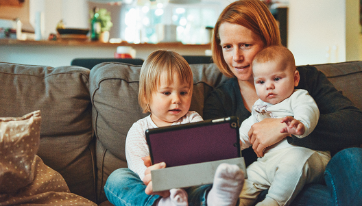 Mother with 2 children at home