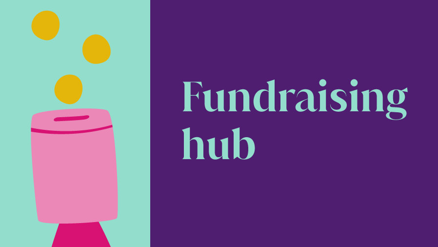 Picture that says "Fundraising Hub" on it with an illustration of a donation bucket