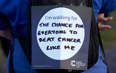 Back sign at shine that reads, "I am walking for the chance for everyone to beat cancer like me"