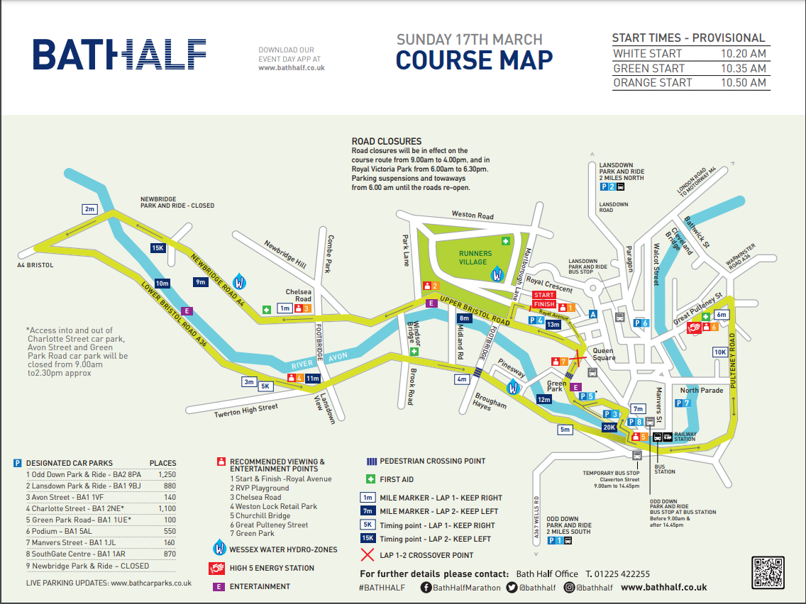 A map of Bath city centre depicting the course route