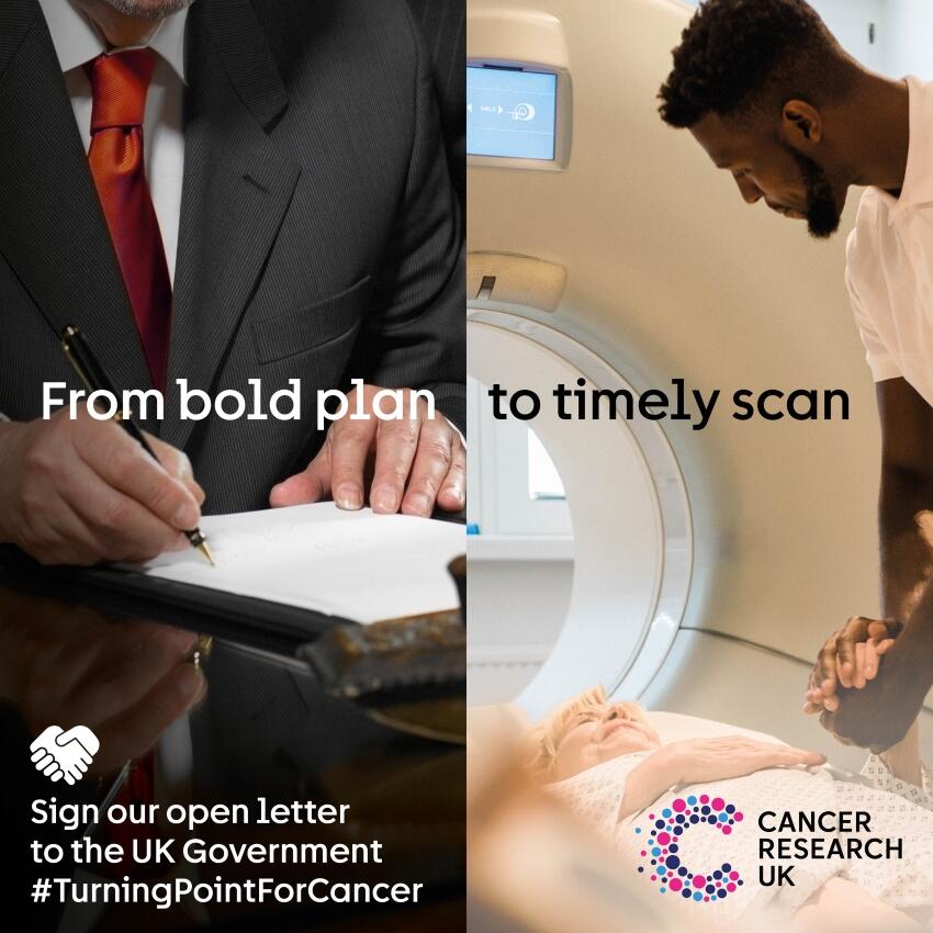 From bold plan to timely scan campaign imagery showing a man in a suit signing a document and a patient having a scan