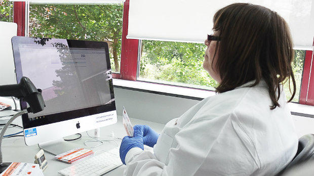 Labartory staff analysing bowel screening test results