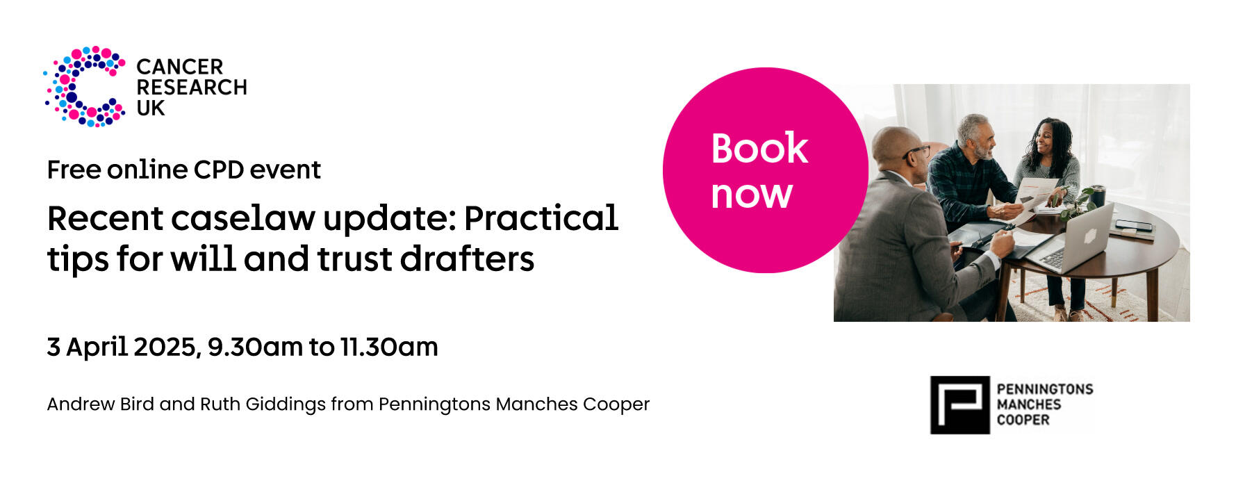 CPD banner with event information and a picture of a solicitor at a computer. Recent caselaw update: Practical tips for will and trust drafters. 3rd April 2025