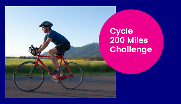 Cycle 200 miles banner with image of a man cycling