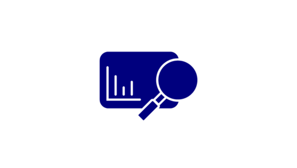 navy icon of magnifying glass over a bar chart