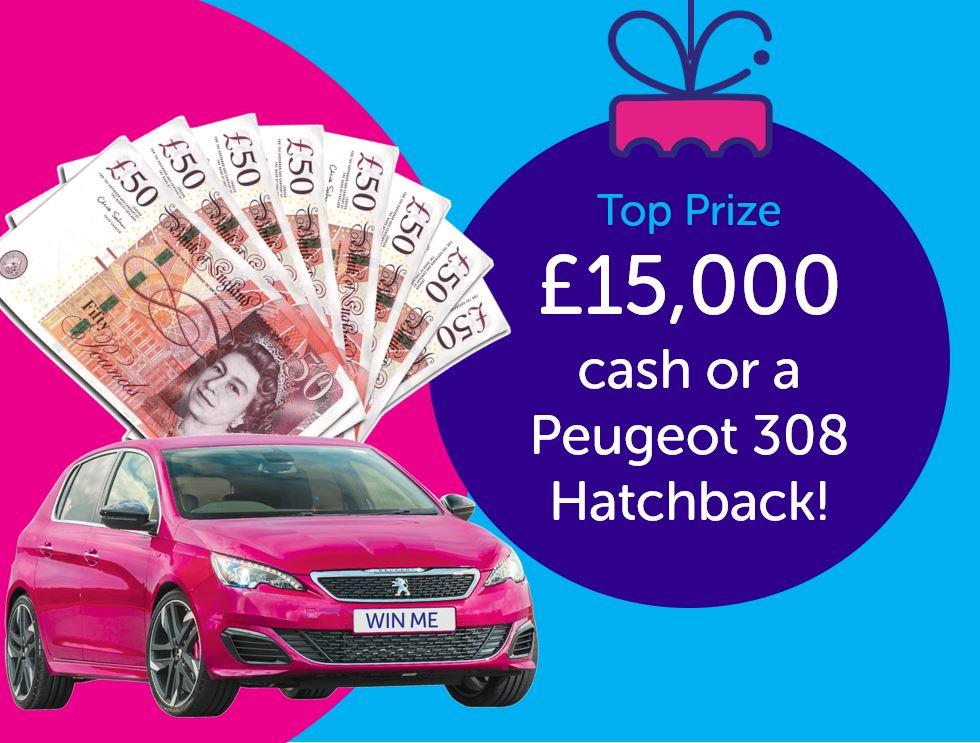 Image advertising a top prize of £15000 or a Peugeot 308 Hatchback