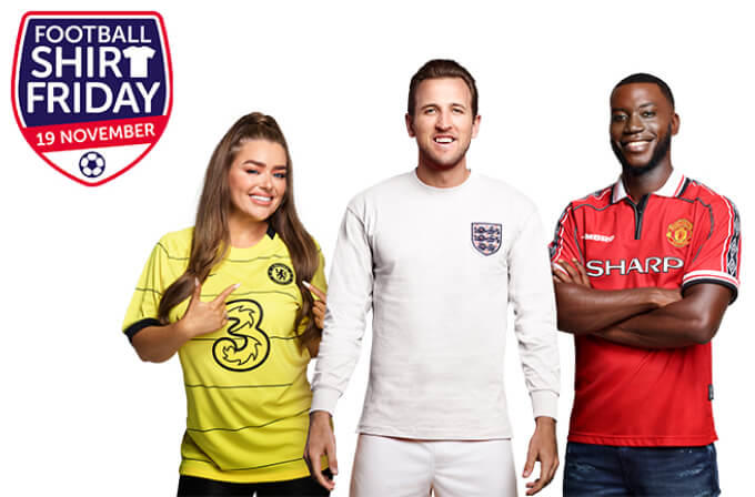 Join the squad this Football Shirt Friday and help tackle bowel cancer Amy Christophers, Harry Kane and Harry Pinero smiling wearing football shirts