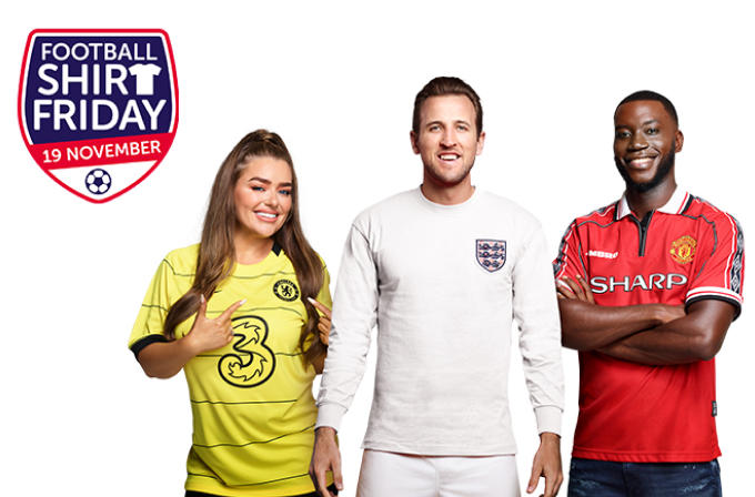 Join the squad this Football Shirt Friday and help tackle bowel cancer Amy Christophers, Harry Kane and Harry Pinero smiling wearing football shirts