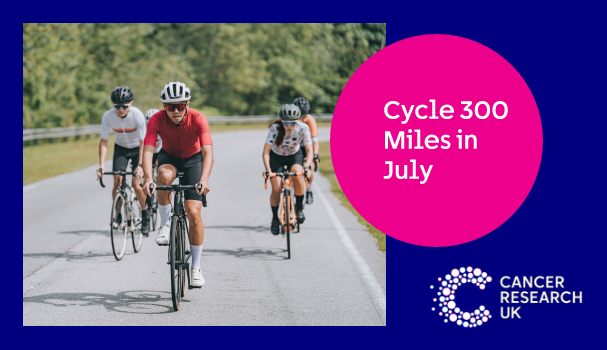 Cycle 300 miles banner with image of people cycling