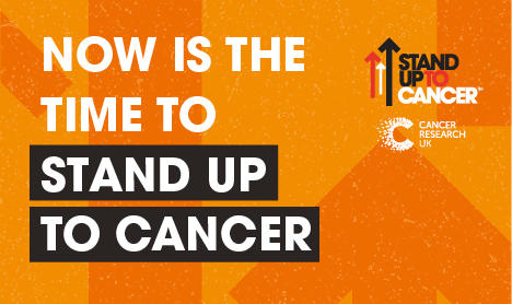 'It's time to beat cancer, are you in?' text on orange background, alongside Stand Up To Cancer logo
