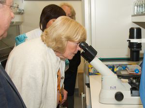 Woman looking into a microscope