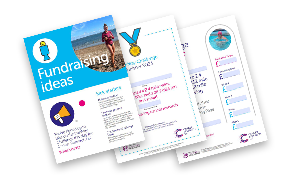 Collage of fundraising materials available for the IronMay Challenge