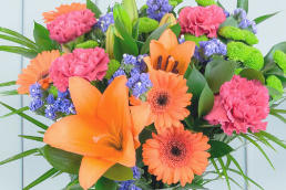 A brightly-coloured bouquet of flowers with germinis, carnations, lily la orange, chrysanthemums, and blue Statice