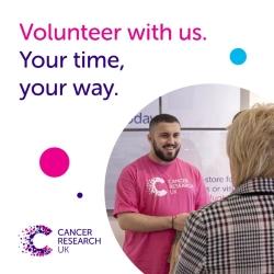 Male volunteer serving customer caption 'Volunteer with us. Your time, your way'