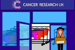 An illustration of a customer taking a box of donations to a Cancer Research UK shop.