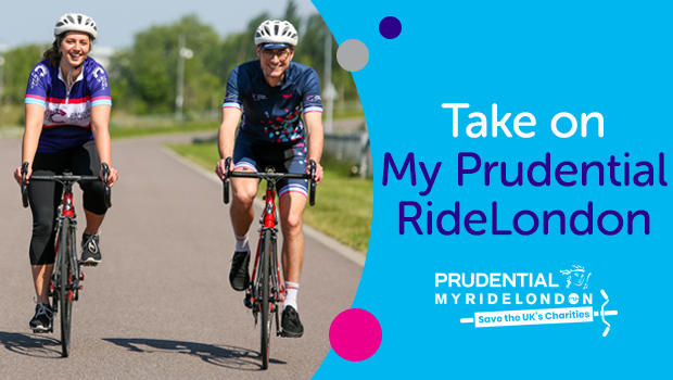 Sign up to My Prudential RideLondon for Cancer Research UK Lady and man cycling on cycling path in CRUK tops.