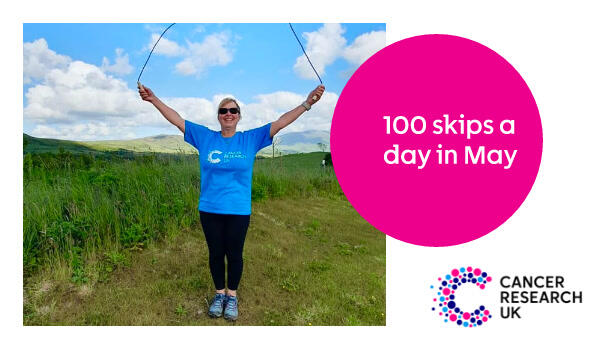 A lady in a CRUK t shirt skipping and smiling at the camera, next to a pink circle that reads '100 skips a day in May'