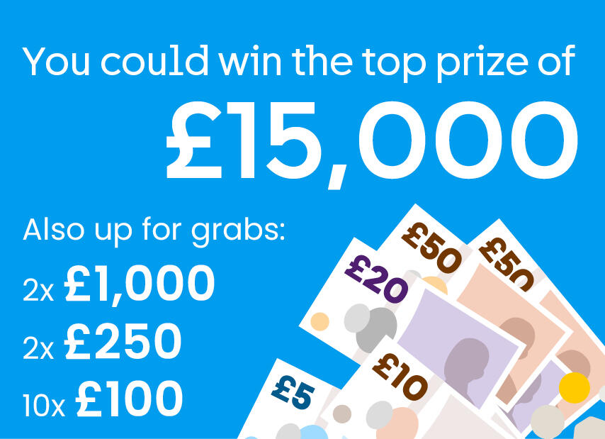 You could win the top prize of £15,000. Also up for grabs: 2 winners of £1000, 2 winners of £250, 10 winners of £100, and more...