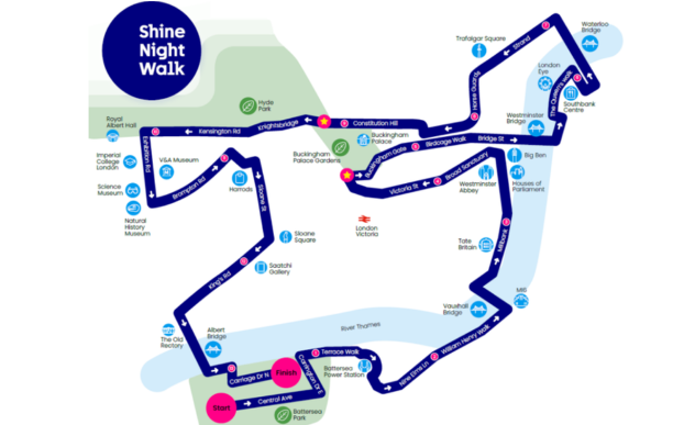 Map of the Shine Night Walk London route