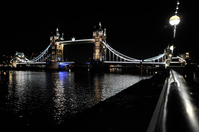 Tower bridge lit up at night