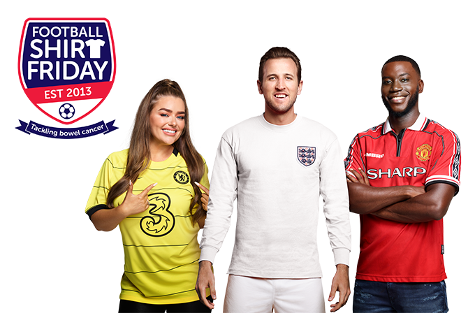 Harry Kane, Amy Christophers and Harry Pinero wearing their football shirts