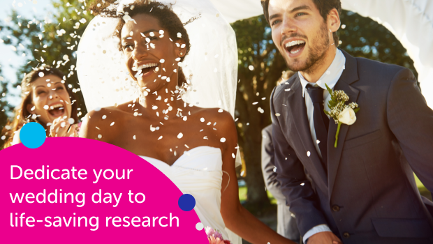 Dedicate your wedding day to Cancer Research UK Couple smiling with confetti over them.