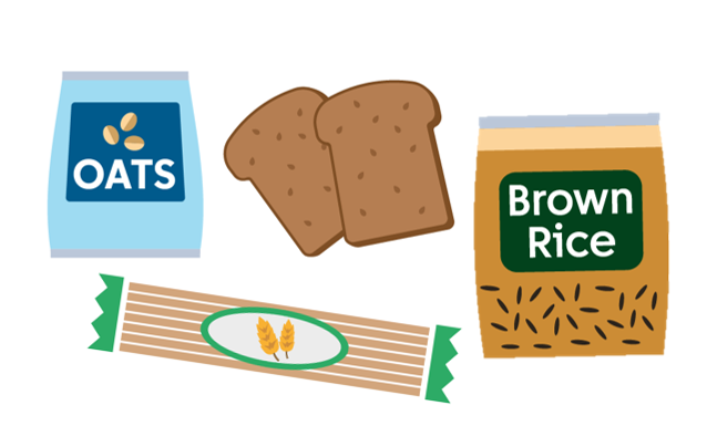 Examples of wholegrains, oats, brown bread, wholewheat pasta, brown rice