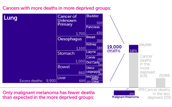Infographic showing excess cancer deaths due to socio economic variation