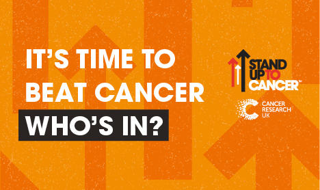 'It's time to beat cancer, are you in?' text on orange background, alongside Stand Up To Cancer logo