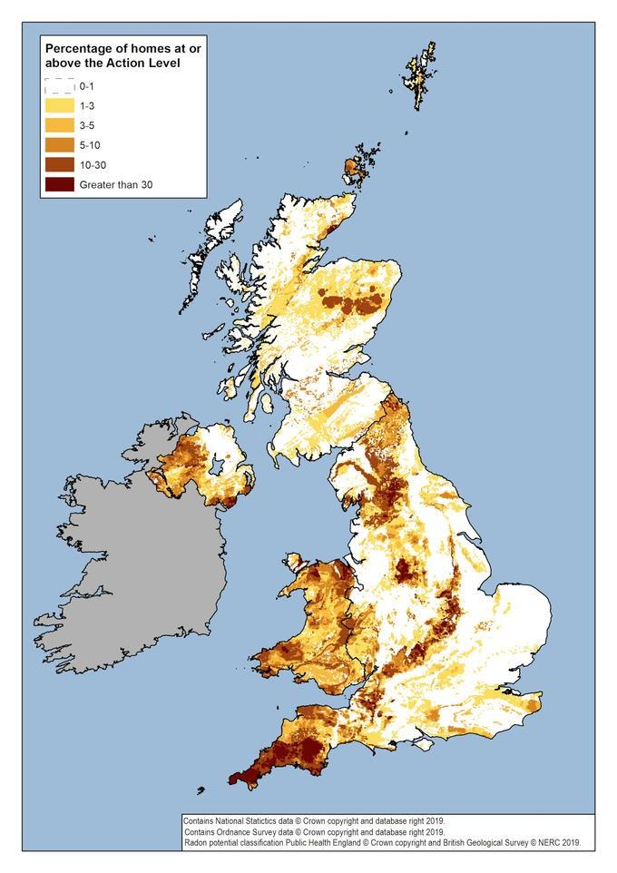Map of the UK showing radon levels