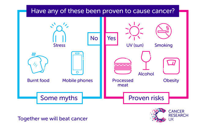 An infographic showing that mobile phones, burnt food and stress don't cause cancer