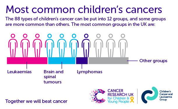 Infographic showing the most common children's cancer types, these include Leukaemias, Brain and spinal tumours, Lymphomas and other groups 